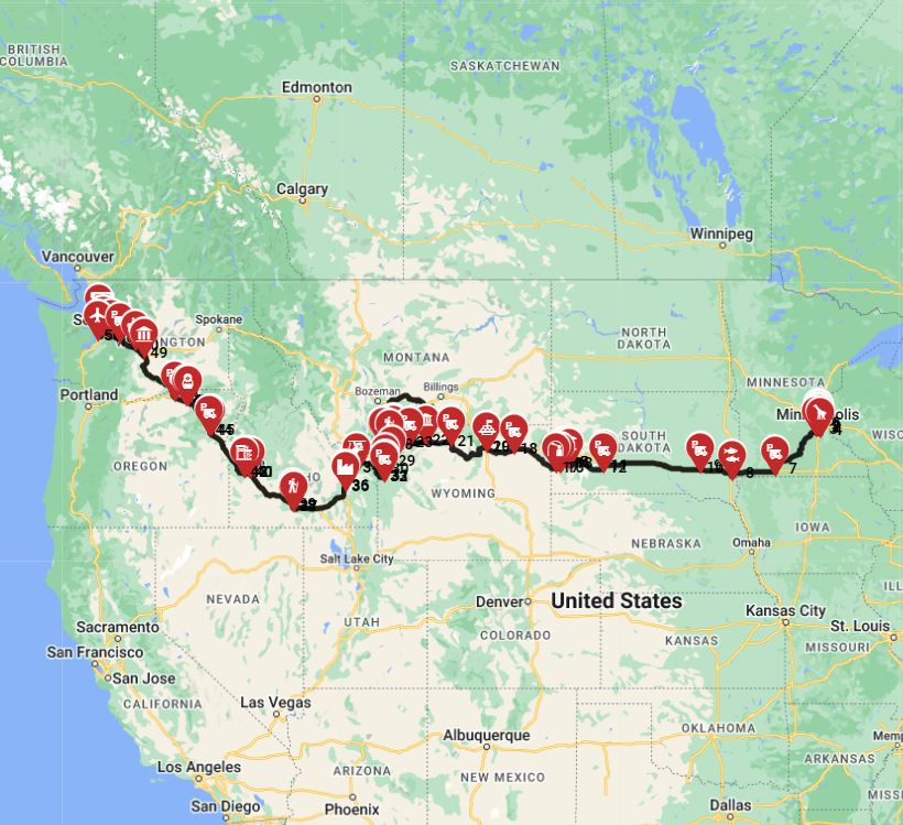 Motorhome route planner for an RV trip from Minneapolis to Seattle